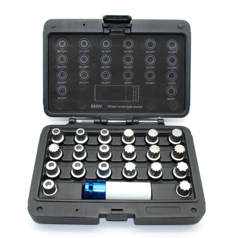 TEMO 21 pc Wheel Lock Lugnut Anti-Theft Lug Nut Screw Removal Key Socket Set for BMW with 1/2 Inch Socket Adapter - Image 1